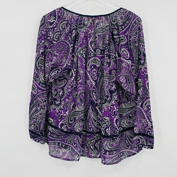 Michael Kors Size Small Purple Paisley Print Sheer Tassel Career Popover Blouse - Picture 7 of 7